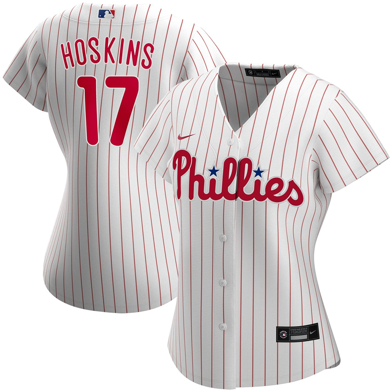 2020 MLB Women Philadelphia Phillies 17 Rhys Hoskins Nike White Home 2020 Replica Player Jersey 1